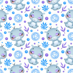 Cute cartoon jungle animals meditation seamless pattern. Yoga animals pattern. Hippopotamus meditates pattern.
