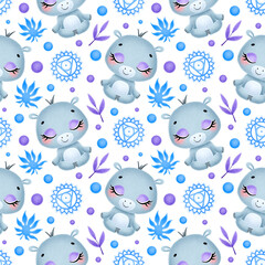 Cute cartoon jungle animals meditation seamless pattern. Yoga animals pattern. Hippopotamus meditates pattern.