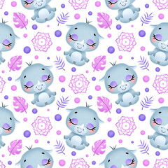 Cute cartoon jungle animals meditation seamless pattern. Yoga animals pattern. Rhino meditates pattern.