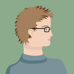Portrait of a brown short haired caucasian young man with glasses. The head of a European boy in profile. Social Media Avatar. Vector Flat Illustration