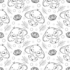 Cute cartoon jungle animals meditation seamless pattern. Doodle yoga animals pattern. Elephant meditates pattern. Coloring page
