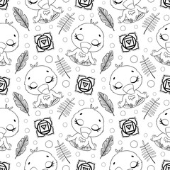 Cute cartoon jungle animals meditation seamless pattern. Doodle yoga animals pattern. Flamingo meditates pattern. Coloring page