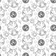 Cute cartoon jungle animals meditation seamless pattern. Doodle yoga animals pattern. Zebra meditates pattern. Coloring page