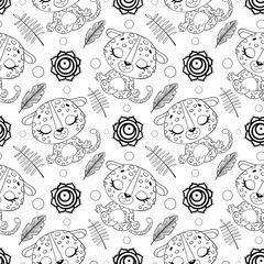 Cute cartoon jungle animals meditation seamless pattern. Doodle yoga animals pattern. Leopard meditates pattern. Coloring page