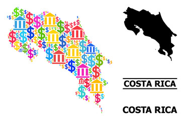 Obraz premium Bright colored bank and business mosaic and solid map of Costa Rica. Map of Costa Rica vector mosaic for GDP campaigns and projects.