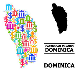 Bright colored bank and business mosaic and solid map of Dominica Island. Map of Dominica Island vector mosaic for advertisement campaigns and applications.