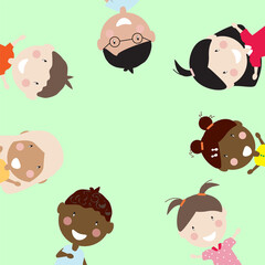 Cute illustration with multi cultural children faces. For banners, book cover, posters, brochures. Vector illustration. 