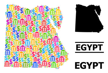 Bright colored bank and money mosaic and solid map of Egypt. Map of Egypt vector mosaic for ads campaigns and promotion. Map of Egypt is designed from bright colored bank and dollar particles.