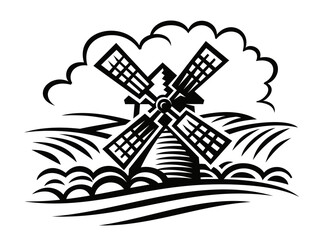 Windmill among hills and fields with clouds - obrazy, fototapety, plakaty