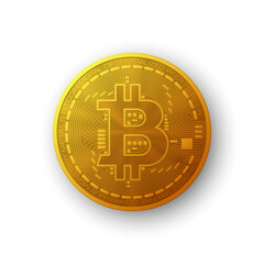 HUD Golden bitcoin. Digital currency money. Technology bitcoin mining worldwide network concept. Web banner golden bitcoin background. Physical bit coin. Cryptocurrency technology gold coins money