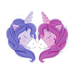 A pair of cute unicorns in the form of a heart. Blue and pink, boy and girl. Vector graphics. EPS10 format.
