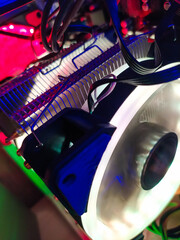 Modern computer air cooling with multi-colored led backlight-fans, cooling radiators, cables,...