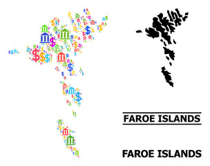 Multicolored bank and dollar mosaic and solid map of Faroe Islands. Map of Faroe Islands vector mosaic for GDP campaigns and promotion.