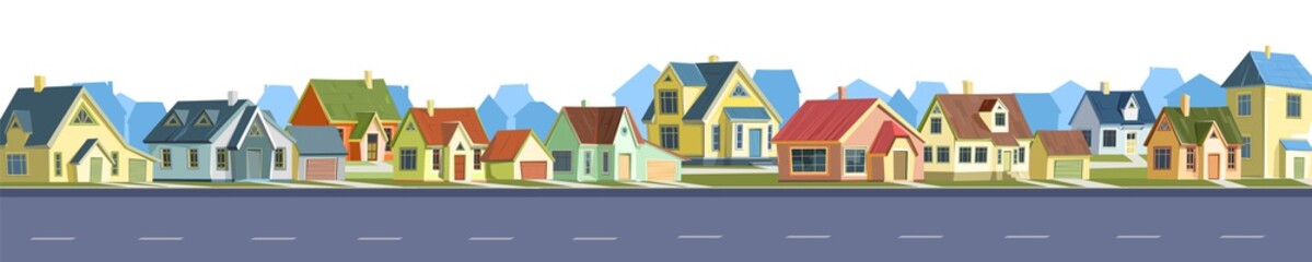 Street in a cheerful cartoon flat style. Asphalt road. A village or a small rural town. Small houses. Small cozy suburban cottages with gable roofs. Isolated Vector.