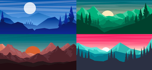 Set of cartoon mountain landscape in flat style. Mountain landscape with fir trees. Design element for poster, card, banner, flyer. Vector illustration