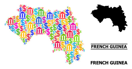 Colored bank and money mosaic and solid map of French Guinea. Map of French Guinea vector mosaic for ads campaigns and agitation. Map of French Guinea is designed with colored bank and dollar items.