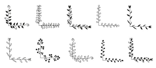 Vintage corner border frame collection. Floral design elements for wedding, postcard, decorative elements. Flower and leaves thin line icon isolated on navy blue. Retro frames set. Vector illustration © OLHA