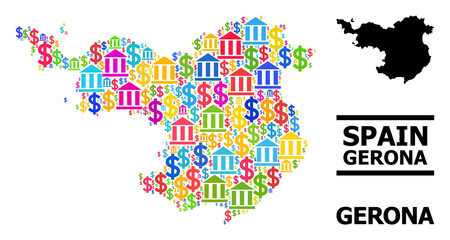 Colorful bank and dollar mosaic and solid map of Gerona Province. Map of Gerona Province vector mosaic for geographic campaigns and purposes.