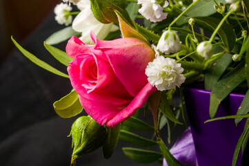 Background for a greeting card - beautiful gift bouquet of various colorful decorative summer flowers