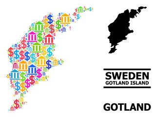 Colored bank and economics mosaic and solid map of Gotland Island. Map of Gotland Island vector mosaic for business campaigns and doctrines.