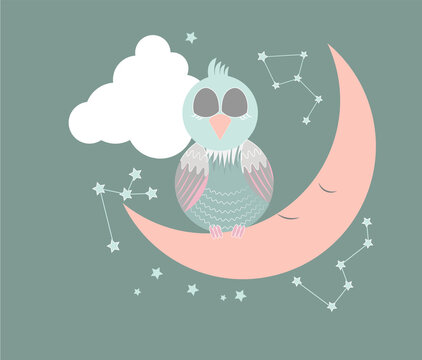 Baby room poster with sleeping owl on the smiling moon in the sky with clouds, stars and galaxy. High quality photo