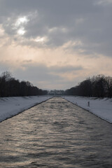 sunset on the river in winter