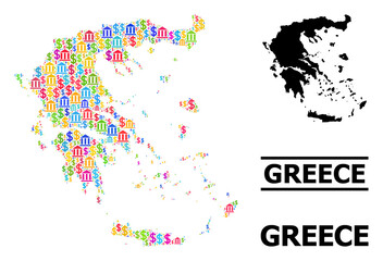 Bright colored finance and dollar mosaic and solid map of Greece. Map of Greece vector mosaic for promotion campaigns and posters. Map of Greece is designed from colored dollar and bank parts.