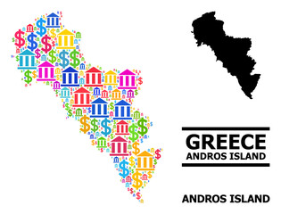 Fototapeta na wymiar Bright colored bank and dollar mosaic and solid map of Greece - Andros Island. Map of Greece - Andros Island vector mosaic for geographic campaigns and agitation.