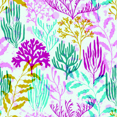 Ocean corals seamless pattern., Tropical coral reef branch silhouette elements.