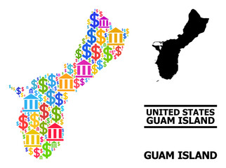 Obraz premium Colorful financial and dollar mosaic and solid map of Guam Island. Map of Guam Island vector mosaic for geographic campaigns and projects.