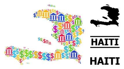 Obraz premium Vibrant financial and dollar mosaic and solid map of Haiti. Map of Haiti vector mosaic for ads campaigns and applications. Map of Haiti is designed from vibrant bank and dollar symbols.