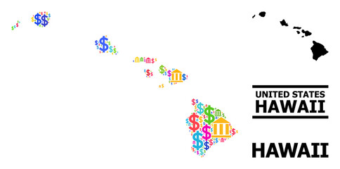 Multicolored bank and economics mosaic and solid map of Hawaii State. Map of Hawaii State vector mosaic for geographic campaigns and posters.