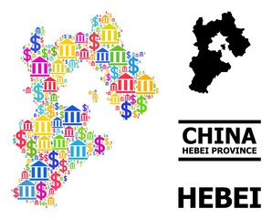 Fototapeta na wymiar Colored bank and dollar mosaic and solid map of Hebei Province. Map of Hebei Province vector mosaic for ads campaigns and doctrines. Map of Hebei Province is formed with vibrant bank and dollar icons.