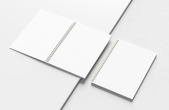 Spiral binder notebook mock up isolated on modern white background. 3D illustration