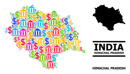 Fototapeta premium Vibrant bank and dollar mosaic and solid map of Himachal Pradesh State. Map of Himachal Pradesh State vector mosaic for promotion campaigns and promotion.