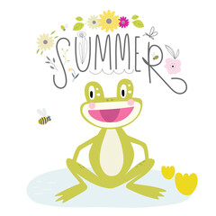 Cute summer  print. Cartoon little frog illustration.