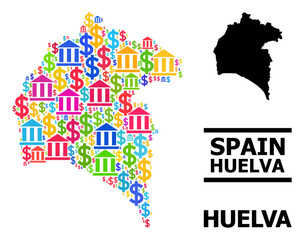 Vibrant bank and dollar mosaic and solid map of Huelva Province. Map of Huelva Province vector mosaic for geographic campaigns and doctrines.
