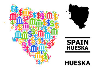 Fototapeta premium Bright colored finance and money mosaic and solid map of Hueska Province. Map of Hueska Province vector mosaic for promotion campaigns and promotion.