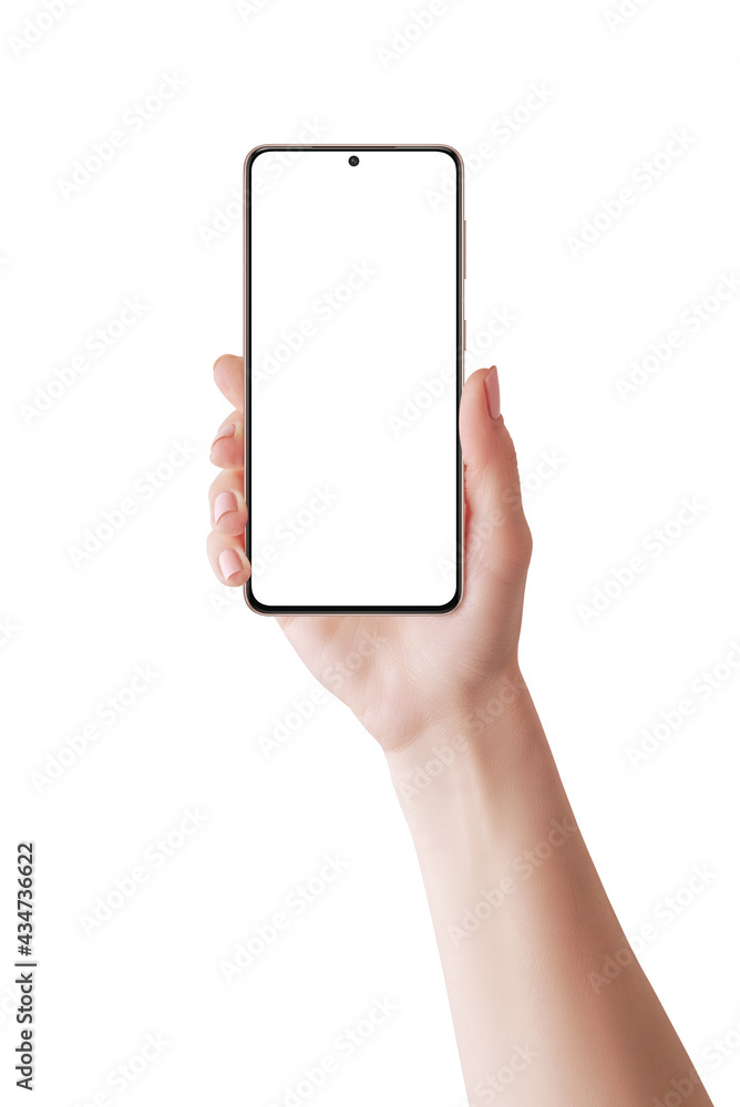 Aufkleber modern smart phone in woman hand. isolated screen and background for mockup. phone render with thin 