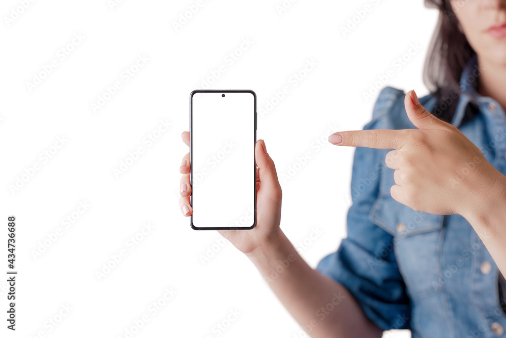 Poster Woman holds and show a smart phone with a pointed finger. Isolated screen and background for app user interface design promotion