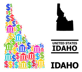 Fototapeta premium Bright colored bank and business mosaic and solid map of Idaho State. Map of Idaho State vector mosaic for GDP campaigns and promotion.