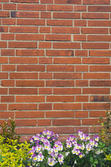 red brick wall and colorful flowers at the bottom