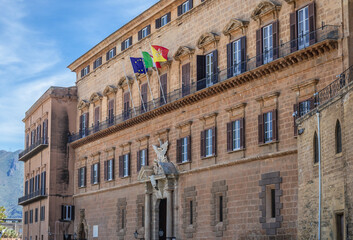 Fototapeta na wymiar Palazzo dei Normanni, view from Parliament Square in Palermo, capital city of Sicily Island, Italy