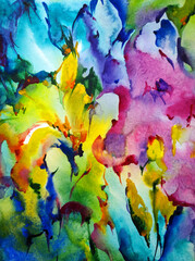 Abstract bright colored decorative background . Floral pattern handmade . Beautiful tender romantic bouquet of iris flowers , made in the technique of watercolors from nature.