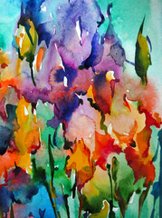 Abstract bright colored decorative background . Floral pattern handmade . Beautiful tender romantic bouquet of iris flowers , made in the technique of watercolors from nature.