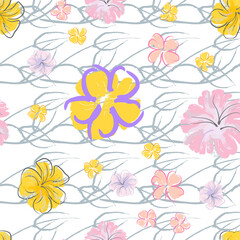Pink Flowers Blooming Pattern. Pastel Watercolor.