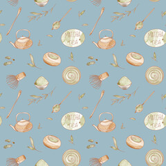 Green traditional asian matcha tea square seamless pattern isolate on blue background. Textured watercolor digital art. Print for menu, packaging, brand, cafe, textiles, packaging paper