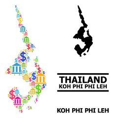 Colored bank and economics mosaic and solid map of Koh Phi Leh. Map of Koh Phi Leh vector mosaic for advertisement campaigns and agitation.