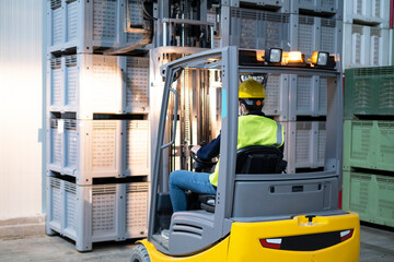 The forklift places the full boxes in the warehouse in the background.