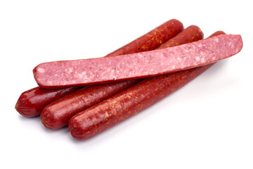 Smoked Hot dog sausages, isolated on white background. High resolution image